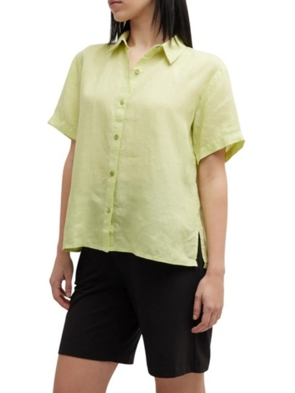 Eileen Fisher Light Green/Yellow Organic Linen Short-Sleeve Button-Down Shirt M